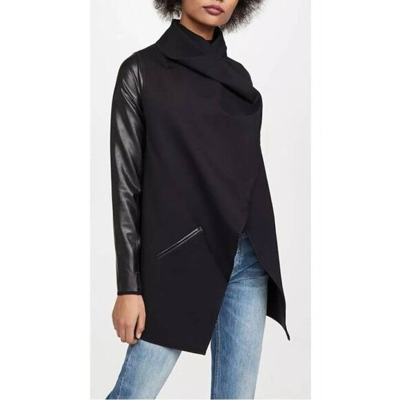 SPANX Faux Leather Convertible Black Coat Drape Front Jacket Size XS - Picture 2 of 9